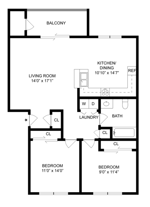 Floor plan for 2 beds, 1 bath, 907 sqft